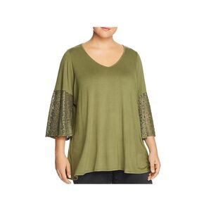 STATUS BY CHENAULT Womens Stretch Lace Pullover Styling Bell Sleeve V Neck Top